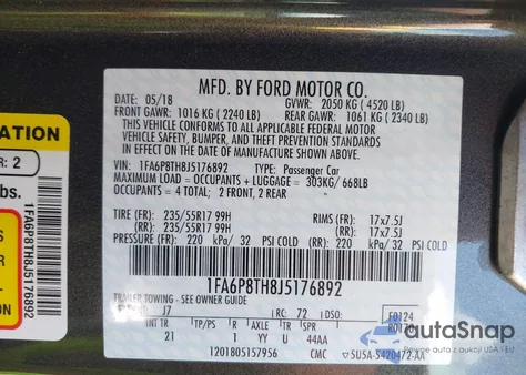 2018 Ford Mustang Ecoboost z USA, uszkodzony, nr VIN 1FA6P8TH8J5176892